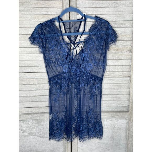 NEW KISS ME ANGEL Lingerie Blue Lace-Trim Flutter-Sleeve Babydoll & G-String MED - Picture 7 of 9